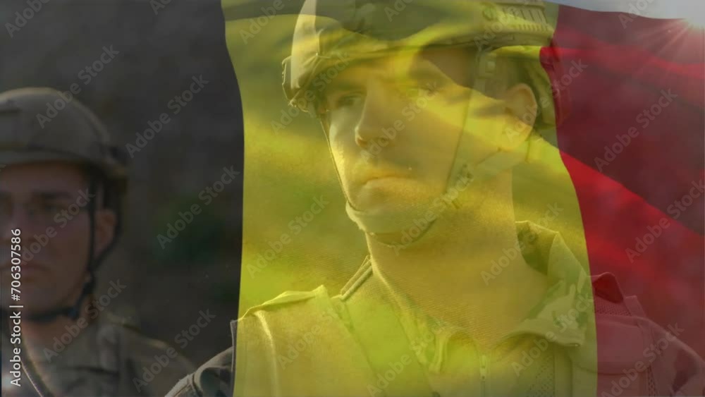 Sticker Animation of flag of belgium over caucasian male soldiers standing in forest