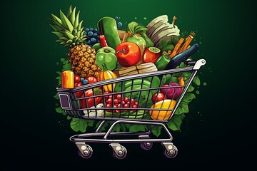 supermarket shopping cart with fruits and vegetables