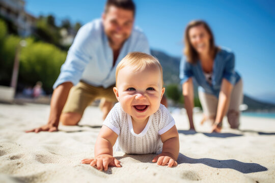 Happy little child with parents on sandy beach in summer