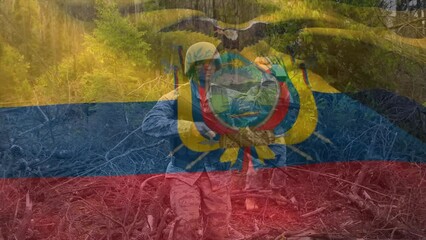 Animation of flag of ecuador over caucasian male soldiers holding weapons walking in forest - Powered by Adobe