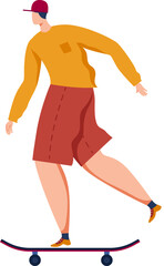 Young male in casual clothes skateboarding. Skater in a cap performs a trick on a skateboard. Youth urban culture vector illustration.
