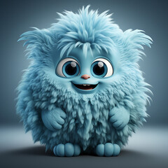 Cute blue fluffy monster 3D cartoon character