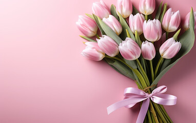 Naklejka premium Elegant soft pink tulips with white ribbon on pastel pink background, a delicate presentation for spring celebrations or as a gentle gift
