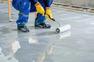 A worker applies a glossy epoxy coating to a concrete floor with a roller, providing a smooth and durable finish in a well-lit industrial environment. - obrazy, fototapety, plakaty