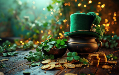 St Patrick's Day celebration still life with a vibrant green leprechaun hat, pot of gold, shamrocks, and golden coins, symbolizing luck and Irish tradition - obrazy, fototapety, plakaty