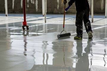 A worker applies a glossy epoxy coating to a concrete floor with a roller, providing a smooth and durable finish in a well-lit industrial environment.