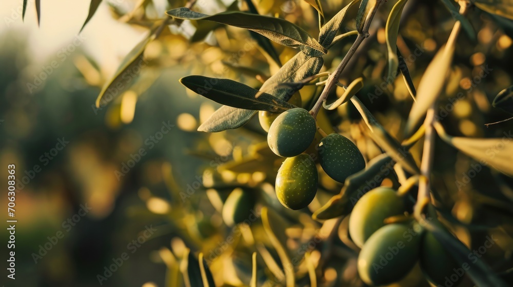 Poster A picture of a bunch of green olives hanging from a tree. This image can be used for various purposes