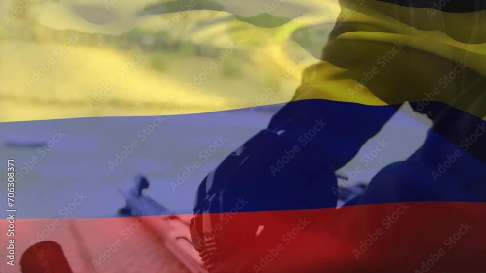 Poster Animation of flag of colombia over caucasian male soldier wearing gloves