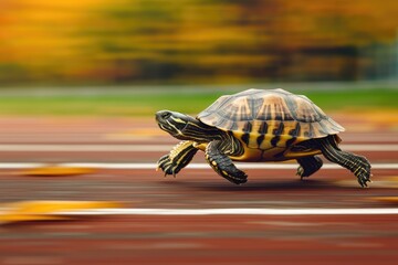 The turtle is running fast on the treadmill. Blurred motion, speed effect. Concept of deadline, business, rush, time, competition.