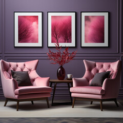 Pink chairs by the wall with two frames for art poster layouts. Interior design of modern living room