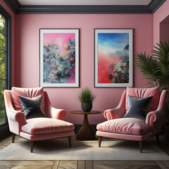 Pink chairs by the wall with two frames for art poster layouts. Interior design of modern living room