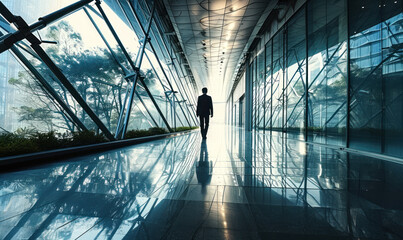 Silhouette of a solitary businessman walking through a modern glass corridor in a corporate building, symbolizing corporate progress and future opportunities - obrazy, fototapety, plakaty