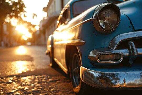 A picture of an old blue car parked on the side of the road. Suitable for automotive-themed projects and vintage aesthetics