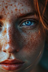 A close-up image showcasing the unique beauty of a woman with freckles. This versatile picture can be used to celebrate natural beauty, promote skincare products, or illustrate diversity