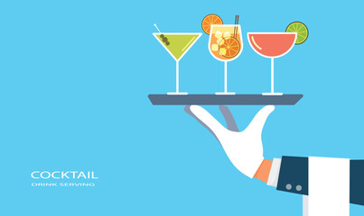 Waitress holding tray  serving cocktail.  picture of human hand holding tray with cocktails, flat style - obrazy, fototapety, plakaty