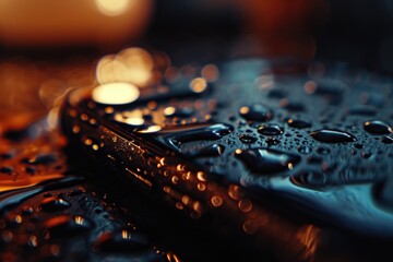 Fototapeta premium A close-up view of a cell phone that is covered in water. This image can be used to depict water damage to electronic devices