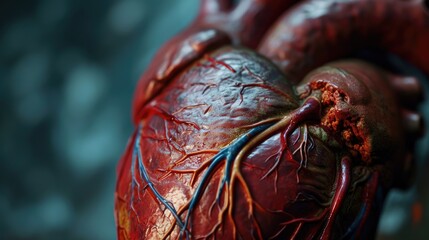 Naklejka premium Close-up view of a human heart with flowing blood. This image can be used to illustrate medical concepts or in educational materials related to the cardiovascular system