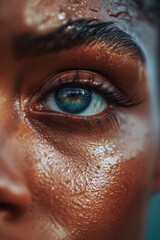 A detailed close-up of a person's eye with water droplets. Perfect for illustrating concepts related to emotions, beauty, and the human eye.