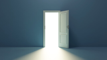 3d render, light going through the open door Architectural design element. Modern minimal concept. Opportunity metaphor
