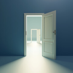 3d render, light going through the open door Architectural design element. Modern minimal concept. Opportunity metaphor
