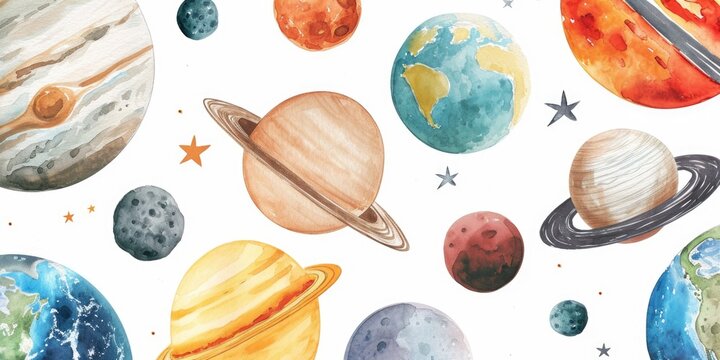 Colorful watercolor paintings of planets on a white background. This image can be used for educational materials, science-related projects, or as decorative artwork