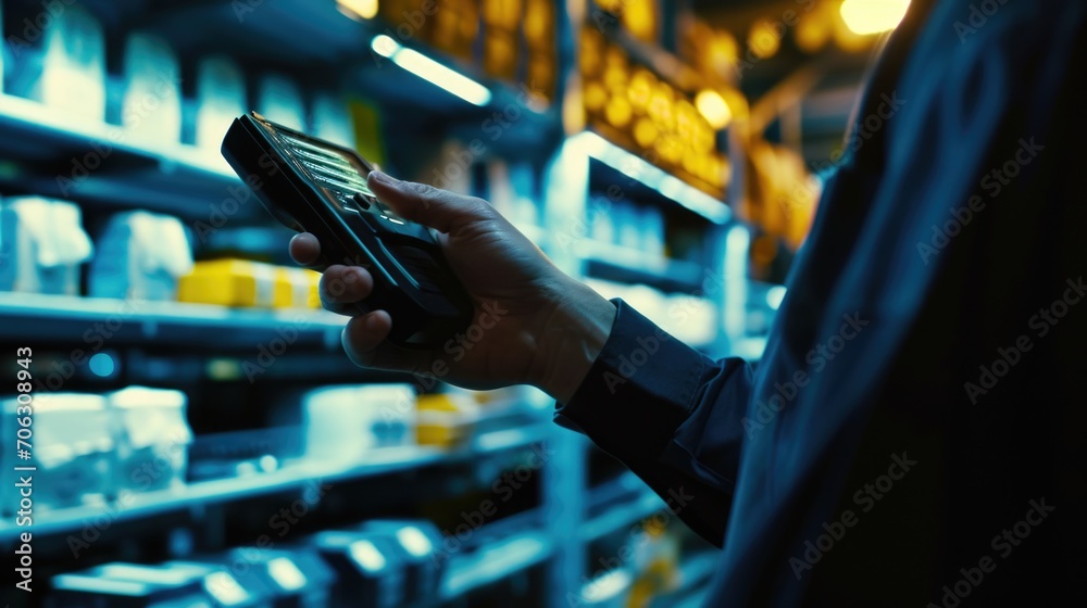 Poster A person is pictured holding a cell phone in a store. This image can be used to showcase the use of technology in retail environments