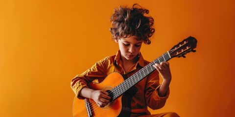 A woman sitting on a stool playing a guitar. Suitable for music-related projects - obrazy, fototapety, plakaty