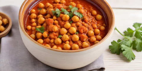 Chana masala: Chickpeas of the Chana type in tomato based sauce on the wooden table top view with copy space