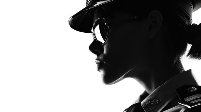 A black and white photo of a woman wearing a military uniform. Suitable for various military-themed designs and projects