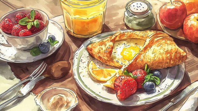 A painting of a breakfast consisting of freshly baked croissants and a variety of colorful fruits. This image can be used to depict a delicious and healthy morning meal