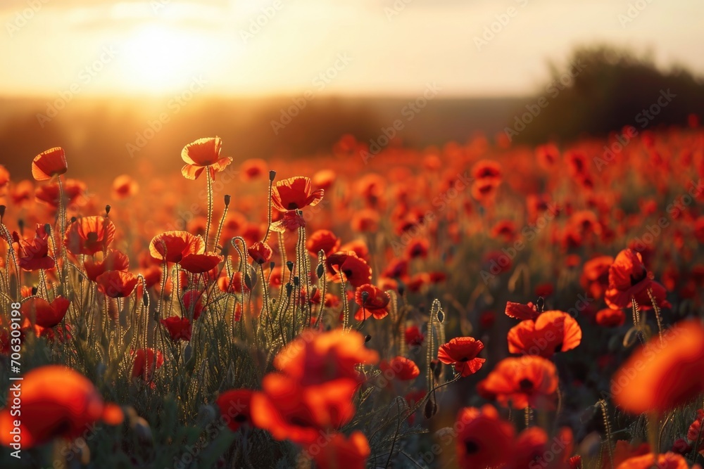 Poster a beautiful field of red flowers with the sun setting in the background. perfect for nature and land