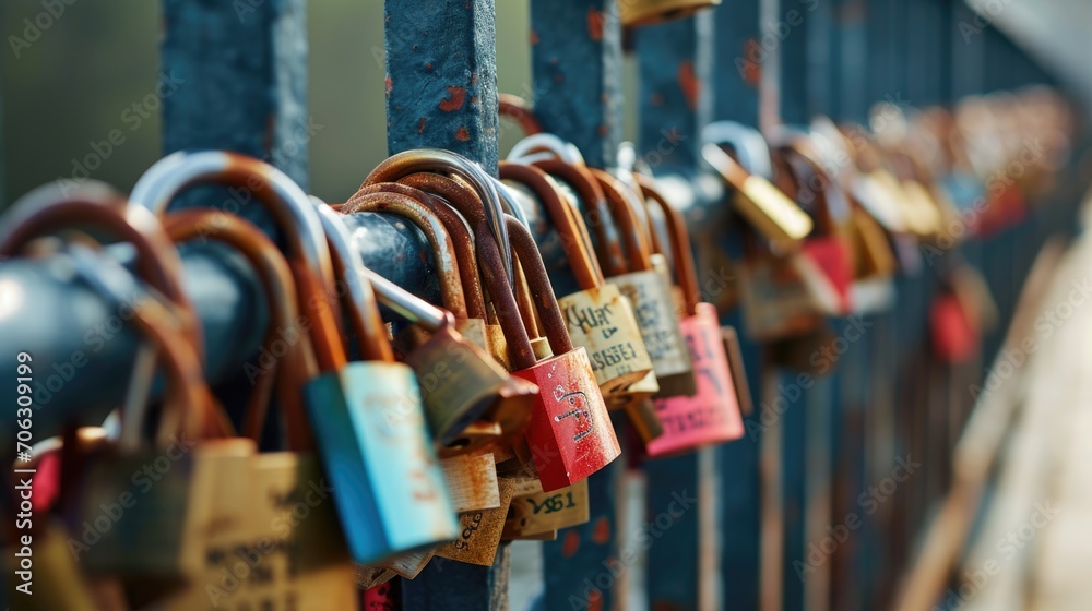 Aufkleber a collection of padlocks attached to a fence. this image can be used to symbolize love, commitment, 