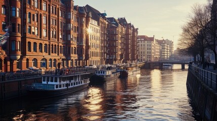 Naklejka premium A picture of a river with several boats floating on it next to tall buildings. This image can be used to depict a cityscape with a river or for illustrating urban life near a waterfront