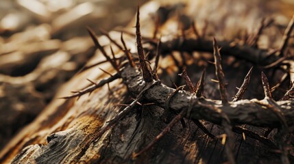 Fototapeta premium Close up of a crown of thorns on a piece of wood. Suitable for religious or spiritual themes