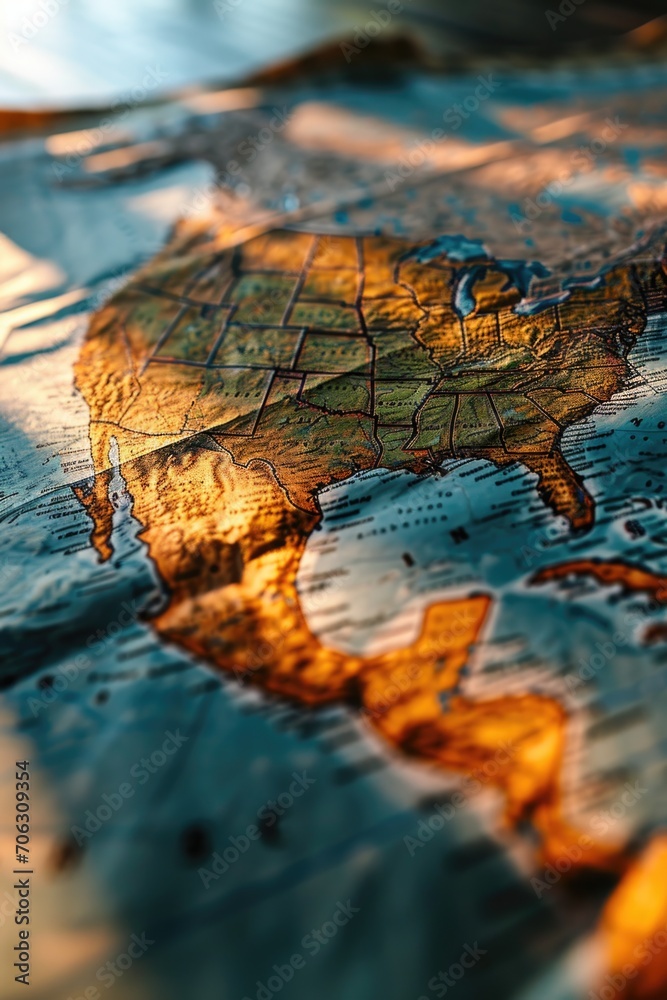 Poster a detailed close-up view of a map of the world. perfect for educational purposes and global concepts