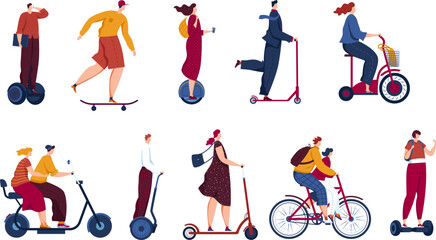 Diverse people using eco-friendly transport like electric scooters, bikes, skateboard. Urban micromobility concept with men and women commuting. Modern city life and sustainable transport vector