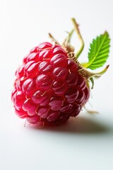 A detailed view of a ripe raspberry resting on a clean white surface. This image can be used for various purposes, such as food blogs, recipe websites, or health-related articles