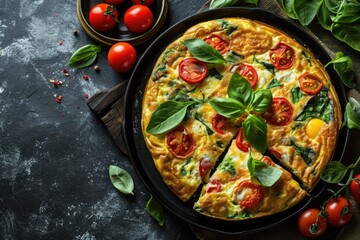 A delicious omelet made with fresh tomatoes, spinach, and basil. Perfect for a healthy breakfast or brunch option.