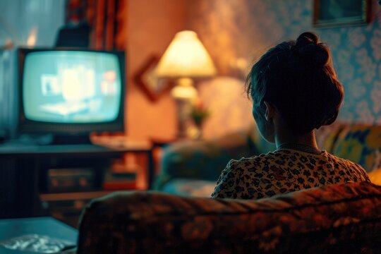 A Woman Sitting On A Couch In Front Of A Television. Can Be Used To Depict Relaxation, Leisure, Or Watching TV