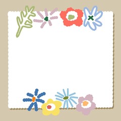 colorful flower on white and brown memo background. cute paper and memo decoration.