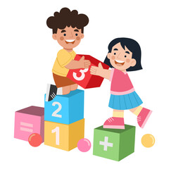 Illustration of children playing with number blocks