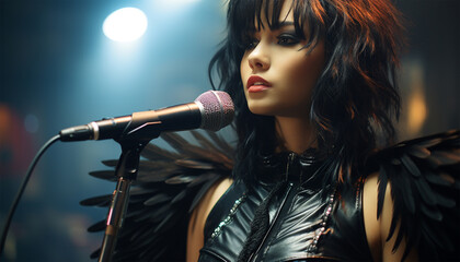 Punk,rock or heavy metal Attractive girl performer singer sings with a microphone. Glam rock style on stage close up