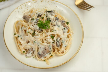 Homemade Fettuccine Pasta With Creamy Mushroom Sauce,.Italian Food Style.	