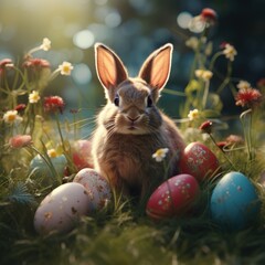 Easter bunny in green grass with painted eggs, sunny day, egg hunt, Happy Easter banner background