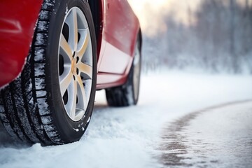 a red car wheel close-up on the background of a winter snow-covered road with ice, the concept of...