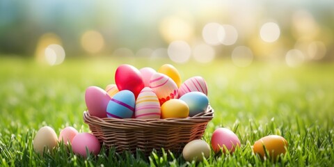 Fototapeta na wymiar Easter wicker basket, colorful painted eggs in green grass, sunny day, egg hunt, banner background