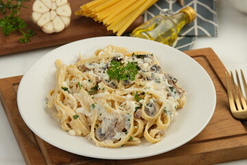 Homemade Fettuccine Pasta With Creamy Mushroom Sauce,.Italian Food Style.