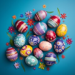 Fototapeta na wymiar Easter eggs with flowers on blue background. Eps 10 vector file.AI.