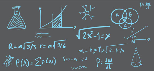 Creative vector illustration of handwritten math equation, physics formulas and figures background.