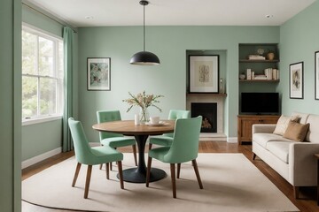 Beautiful green dining room decorated with modern Scandinavian styles. Modern Scandinavian and Eco-friendly interior design concept.